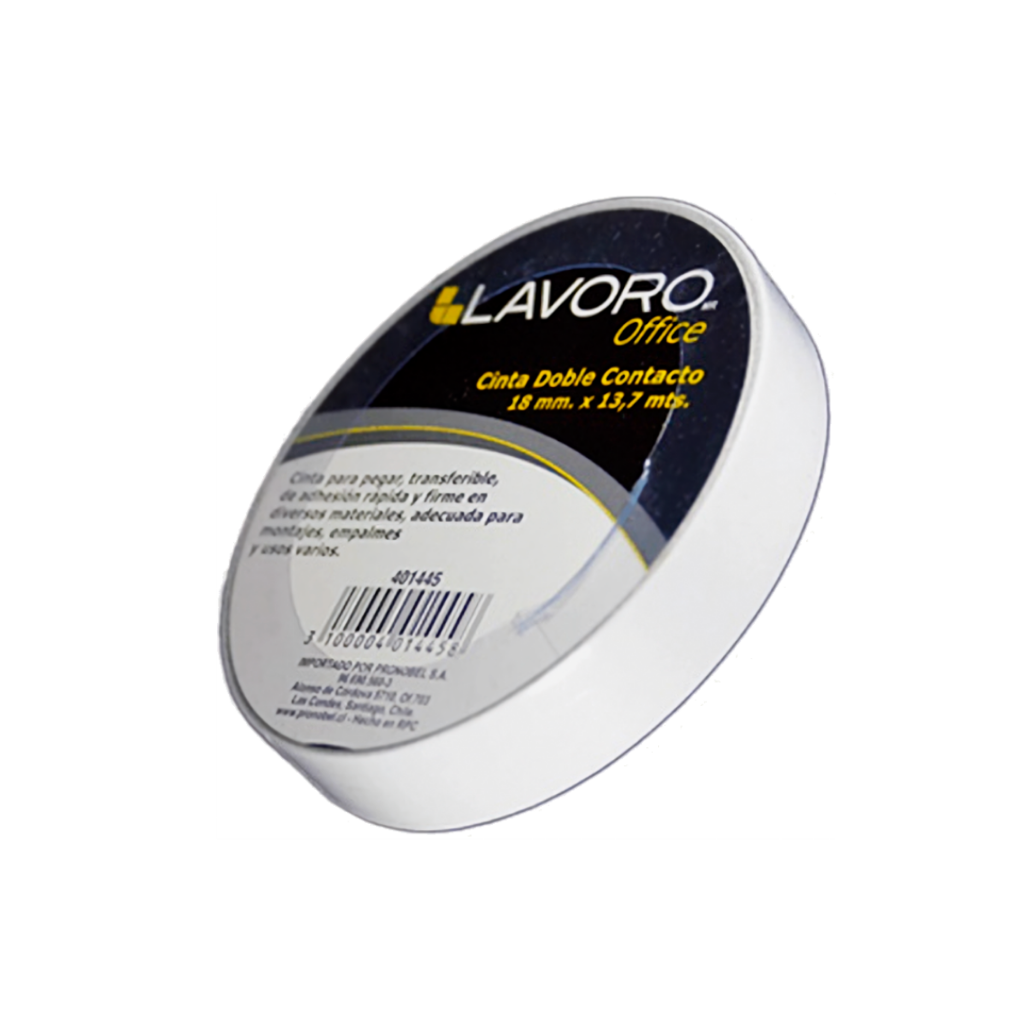 Cinta adhesiva doble contacto blanca, 18 mm x 13,7 mts, ideal para pegar materiales de forma rápida, eficiente y sin residuos pegajosos.