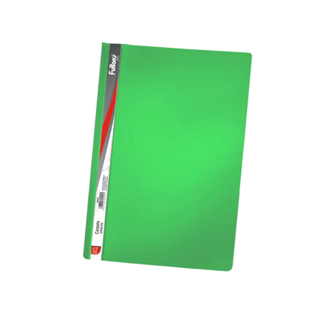 Carpeta vinil tamaño oficio color verde marca Fultons con accoclip metálico.