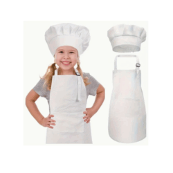 Disfraz de chef con detalles realistas: chaqueta blanca con botones y sombrero, perfecto para niños y adultos en fiestas temáticas o eventos creativos.