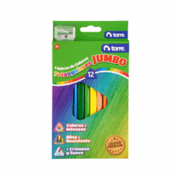 Set de 12 lápices triangulares jumbo, con colores intensos y un diseño ergonómico que facilita su sujeción y control durante el dibujo.