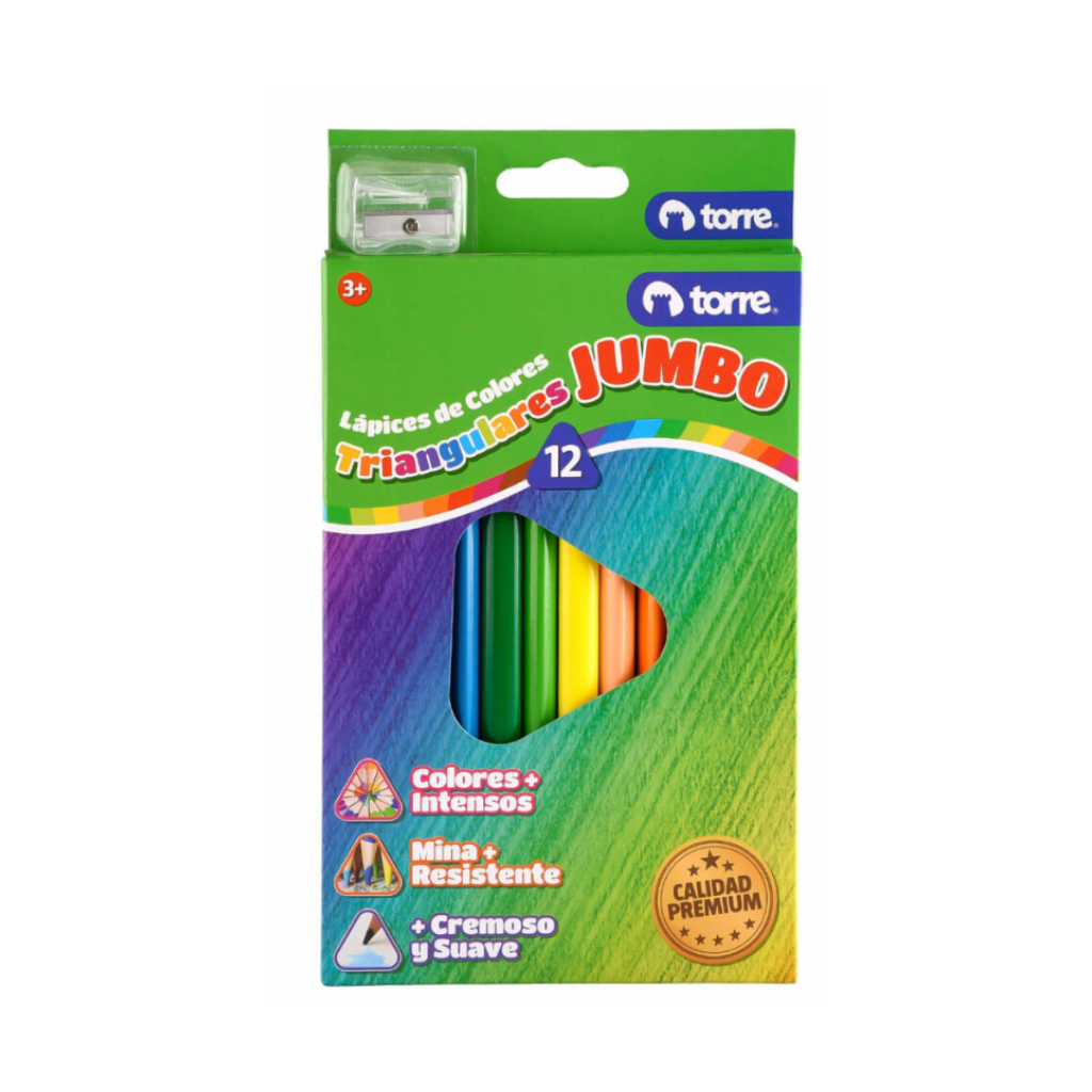 Set de 12 lápices triangulares jumbo, con colores intensos y un diseño ergonómico que facilita su sujeción y control durante el dibujo.