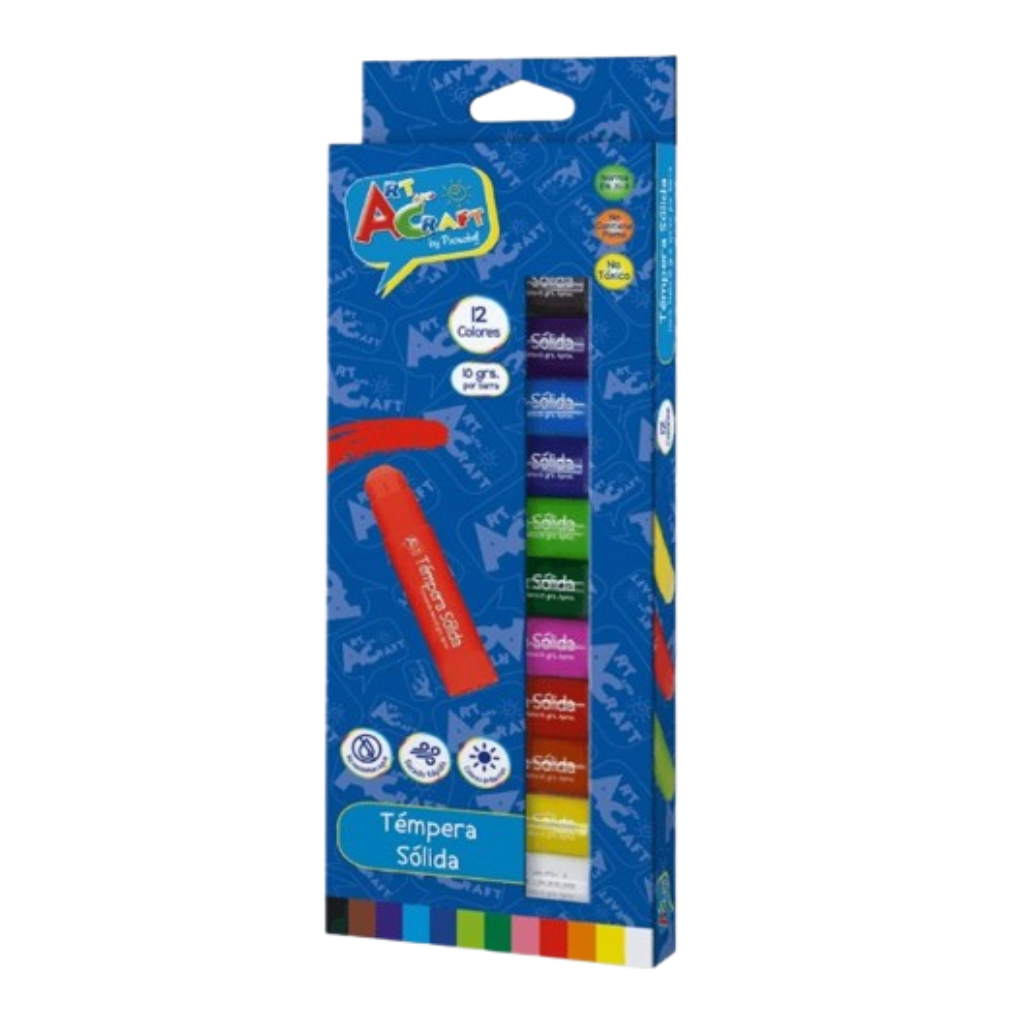 Juego de 12 colores en barra de témpera sólida, ideal para artistas y proyectos creativos de todo tipo. Colores intensos y fácil aplicación.