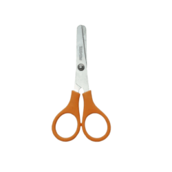 Tijera segura para niños con punta roma, mango cómodo y diseño ergonómico, perfecta para recortar papel y realizar manualidades escolares.