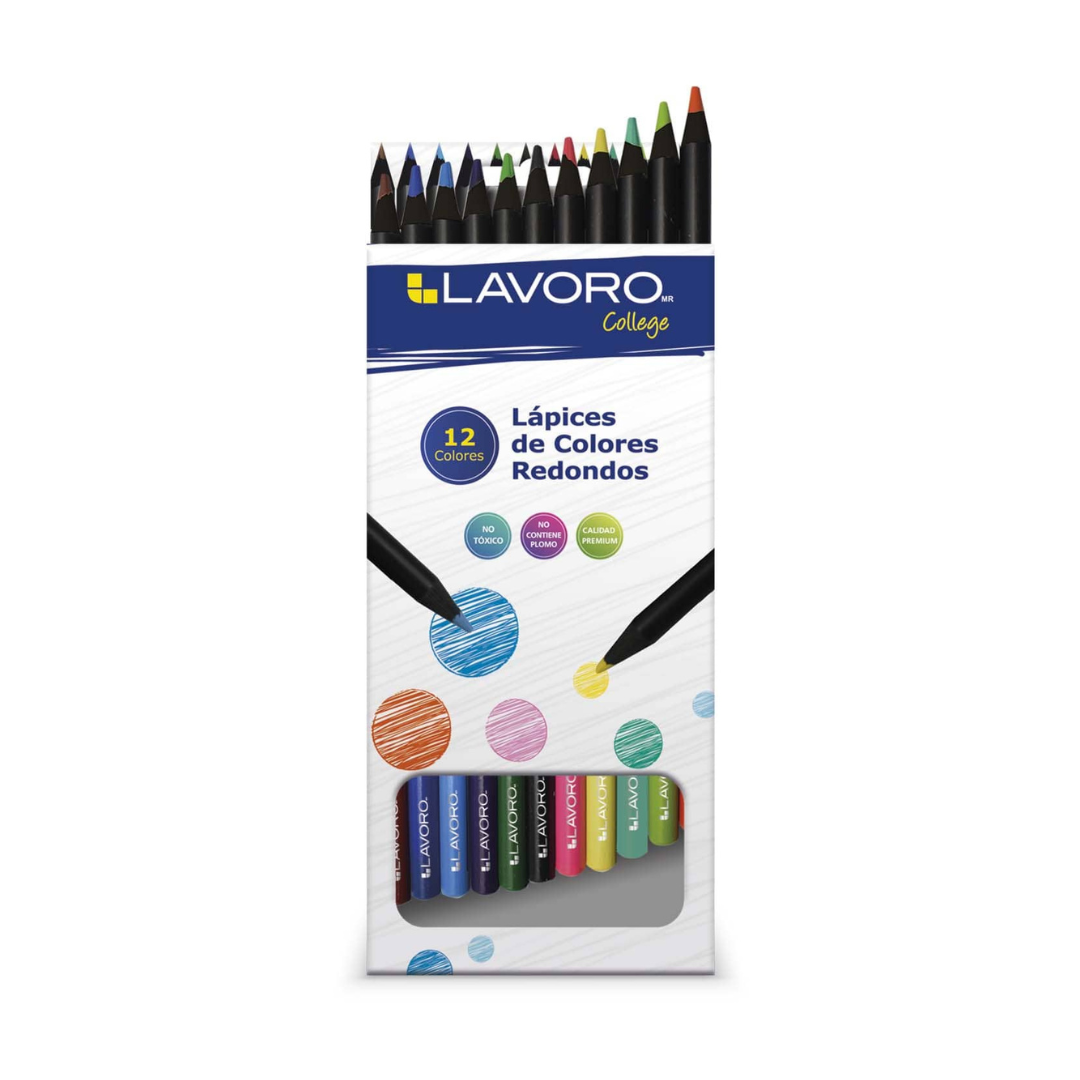 Lápices 12 Colores Largos Redondo Madera Negra LAVORO